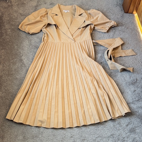 Nanette Lepore Dresses & Skirts - Nanette Lepore Blazer Style Pleated Midi Dress Neutral Tan Short Sleeve SIZE 12